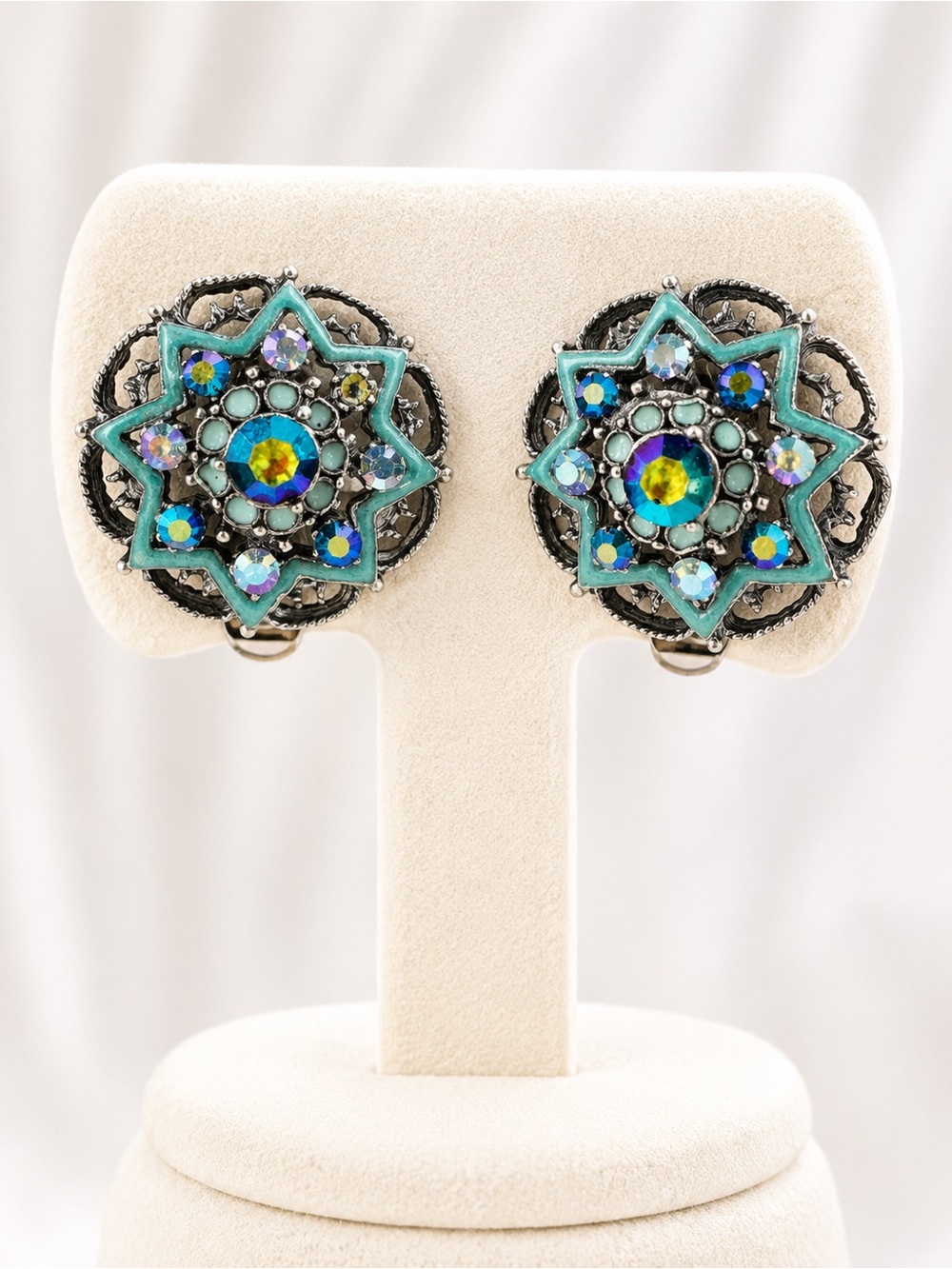 Turquoise Starburst Crystal Clip-On Earrings